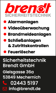 Banner zeigt Kontaktdaten und Leistungen von Sicherheitstechnik Brendt in Mechernich für professionelle Alarm- und Sicherheitssysteme.