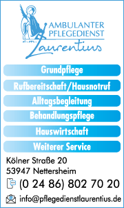 Banner des Ambulanten Pflegedienstes Laurentius CM GmbH in Nettersheim mit Kontaktdaten, Pflegeleistungen und Informationen zur häuslichen Versorgung.