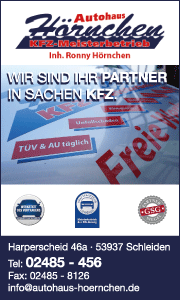 Banner mit Kontaktdaten und Leistungsübersicht vom Autohaus Hörnchen in Schleiden, inklusive Werkstattservices, Telefonnummer und Öffnungszeiten
