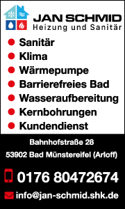 Banner von Jan Schmid Heizung und Sanitär Bad Münstereifel mit Kontaktdaten und Leistungsinfos für Heizungs- und Sanitärservices