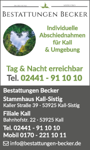 Banner mit Kontaktdaten und Leistungs&uuml;bersicht von Bestattungen Becker in Kall, inklusive Informationen zu Bestattungsarten, Vorsorge und Erreichbarkeit f&uuml;r pers&ouml;nliche Beratung