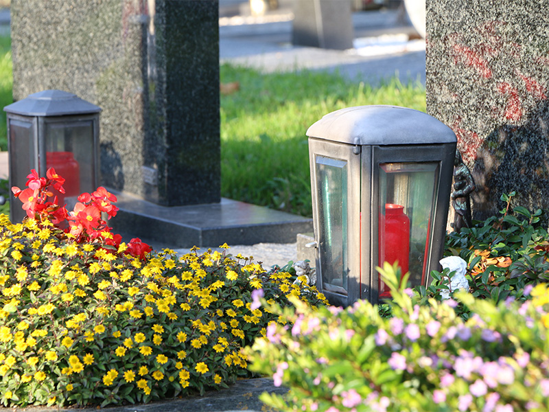 Grab mit liebevoll gepflegter Bepflanzung im Sommerlicht als Ort des Gedenkens und zur rechtlichen Regelung durch eine Bestattungsverf&uuml;gung