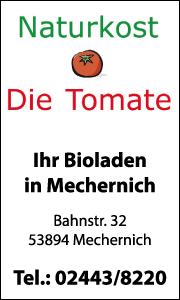 Banner des Bioladens Die Tomate in Mechernich mit Kontaktdaten, Öffnungszeiten und Übersicht der angebotenen Bio- und Naturkost-Leistungen.