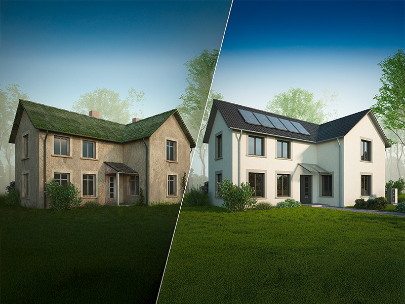 Vergleich von altem und saniertem Haus mit moderner Dachsanierung durch Dachdecker in Kall Fachbetrieb zeigt