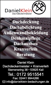 Banner von Dachdeckermeister Daniel Klein in Kall mit Kontaktdaten sowie Informationen zu Dachsanierung, Bedachungen, Reparaturen und energetischer Dachmodernisierung.