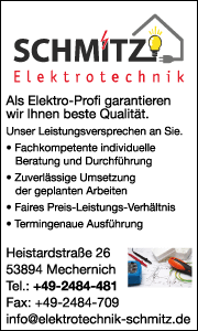 Banner von Elektrotechnik Jürgen Schmitz in Mechernich mit Kontaktdaten sowie Informationen zu Elektroinstallationen, Smart Home und Sicherheitstechnik.