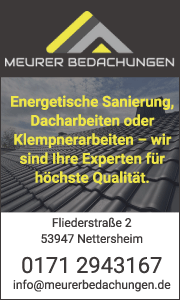 Banner von Meurer Bedachungen in Nettersheim mit Kontaktdaten und Informationen zu Dachdecker- und Sanierungsleistungen.