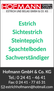 Banner von Hofmann Estrich & Belag in Kall mit Kontaktdaten sowie Informationen zu Estricharbeiten und Bodenaufbau.