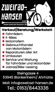 Banner von Zweirad Hansen in Blankenheim mit Kontaktdaten, Öffnungszeiten und Hinweisen zu Fahrradverkauf, Reparatur und Serviceleistungen.