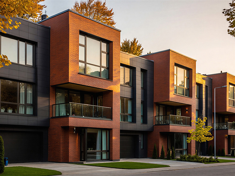 Moderne Reihenhäuser mit Backstein- und Metallfassade zeigt zeitgemäße Fassadensanierung an Wohngebäude mit klarer Architektur und nachhaltiger Bauweise