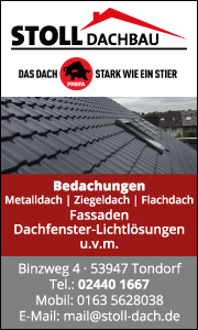 Banner mit Kontaktdaten und Leistungsübersicht der Firma Stoll Dachbau aus Nettersheim mit Informationen zu Dacharbeiten, Sanierung und Serviceangeboten