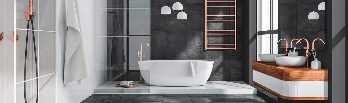 Modernes graues Badezimmer mit großformatigen Fliesen an Boden und Wänden, Dusche, elegantes minimalistisches Design Innenraum