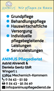 Banner zeigt Kontaktdaten und Leistungen des Pflegedienstes ANIMUS in Mechernich für häusliche Pflege und Betreuung.
