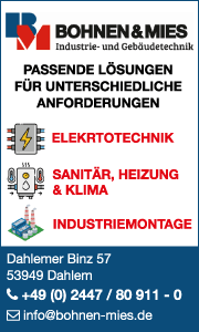 Banner der Firma Bohnen u. Mies in Dahlem mit Kontaktdaten sowie Informationen zu Heizungsbau, Sanitär, Badsanierung und erneuerbaren Energien.