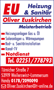 Banner zeigt Kontaktinformationen und Heizungs-, Brenner- sowie Gasheizungswartungsleistungen der Firma Oliver Euskirchen in Weilerswist.