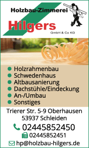 Banner der Holzbau-Zimmerei Hilgers GmbH & Co. KG in Schleiden mit Kontaktdaten und Leistungen rund um Holzbau und Zimmerei.