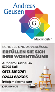 Banner von Malermeister Andreas Geusen in Kall mit Kontaktdaten sowie Informationen zu Malerarbeiten, Putzarbeiten, Tapezierarbeiten und individueller Wandgestaltung.