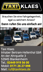 Banner von Taxi Klaes in Blankenheim mit Kontaktdaten sowie Informationen zu Krankenfahrten, Rollstuhltransporten und Taxi-Service.