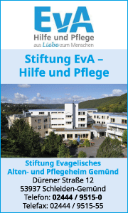 Banner der Stiftung Eva in Gemünd mit Kontaktdaten und Übersicht zu sozialen Pflege- und Unterstützungsleistungen