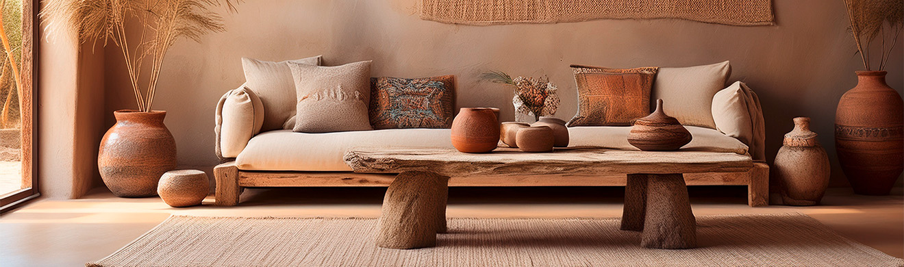Modernes Wohnzimmer mit handgefertigtem Lehmputz in warmen Naturtönen und minimalistischer Einrichtung im Wabi-Sabi-Stil in Euskirchen.