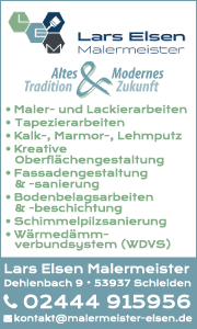 Banner von Malermeister Elsen in Schleiden mit Kontaktdaten, Leistungen für Malerarbeiten, Fassadengestaltung und moderner Unternehmenspräsentation.