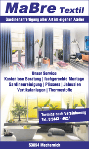 Banner mit Kontaktdaten, Services und Leistungen von MaBre Textil Gardinen in Mechernich – maßgeschneiderte Gardinen & Beratung.
