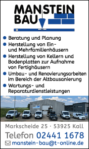 Banner der Manstein Bau GmbH in Kall mit Kontaktdaten sowie Informationen zu Maurerarbeiten, Hochbau und Bauleistungen.