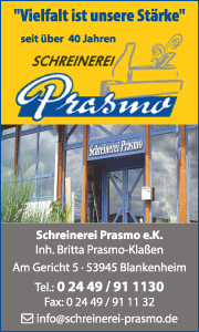 Banner der Schreinerei Prasmo in Blankenheim mit Kontaktdaten und Überblick zu Leistungen im Möbelbau und Innenausbau