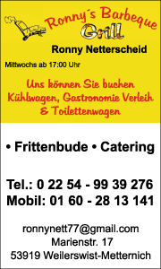 Banner von Ronny’s Barbeque in Weilerswist mit Kontaktdaten und Informationen zu Partyservice, Grillcatering und Event-Catering.