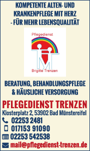 Banner des Pflegedienstes Brigitte Trenzen in Bad Münstereifel mit Kontaktdaten und Überblick zu angebotenen Pflegeleistungen.