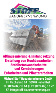 Banner der Michael Stoff Bauunternehmung GmbH in Hellenthal mit Kontaktdaten sowie Informationen zu Bau-, Sanierungs- und Umbauleistungen.