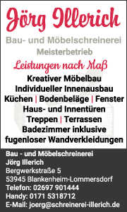 Banner der Bau- und Möbelschreinerei Jörg Illerich in Blankenheim mit Kontaktdaten, Leistungen und Schreinerarbeiten Übersicht.