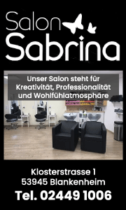 Banner von Salon Sabrina in Blankenheim mit Kontaktdaten sowie Informationen zu Friseurleistungen, Haarpflege, Colorationen und professionellen Stylings.