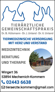 Banner zeigt Kontaktdaten, Sprechzeiten und Leistungen der tierärztlichen Praxis in Mechernich für Hunde, Katzen und Kleintiere.