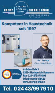 Banner der Kremp Energie GmbH in Mechernich mit Kontaktdaten, Leistungen rund um Heizung, Wärmepumpen und Energieberatung