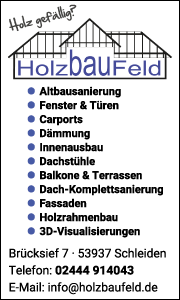 Banner der Firma Holzbau Feld in Schleiden mit Kontaktdaten, Leistungen im Holzbau, Zimmererarbeiten und Dachkonstruktionen übersichtlich dargestellt.